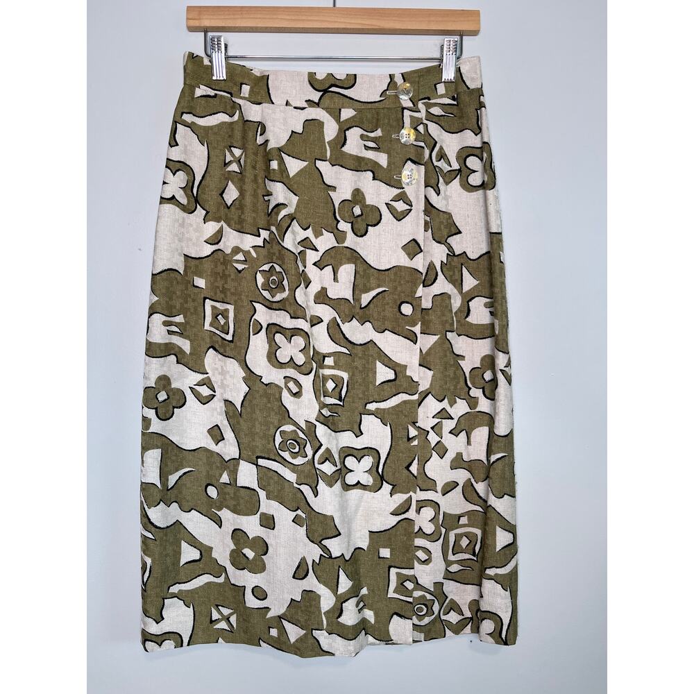1980s Lilli Ann Moss Green Cream Floral Maximalist Old Money Faux Wrap Skirt M